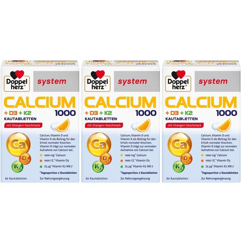 Drei Packungen Doppelherz Calcium 1000 + D3 + K2 Kautabletten. Jede Packung zeigt Produktnamen, Inhaltsstoffe und eine Orange. 60 Tabletten.