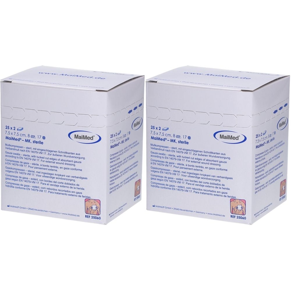 Zwei weiße Kartons mit Produktinformationen. Aufdrucke: MailMed, 25x2, 7,5x7,5 cm, steril. Mit Zertifizierungszeichen.