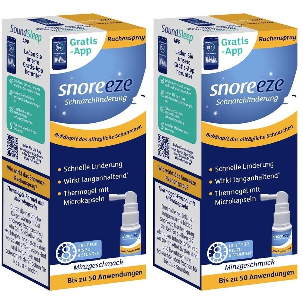 Zwei Packungen Snoreeze Rachenspray. Blaue und weiße Verpackung mit Produktnamen und App-Hinweis. Enthält einen Sprühkopf.
