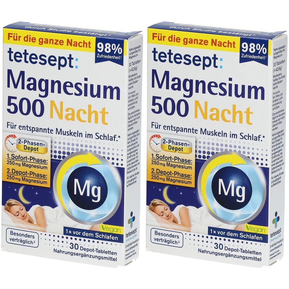 Zwei Schachteln tetesept® Magnesium 500 Nacht. Aufschrift: Magnesium, 500 Nacht. 30 Depot-Tabletten. Für entspannte Muskeln im Schlaf.