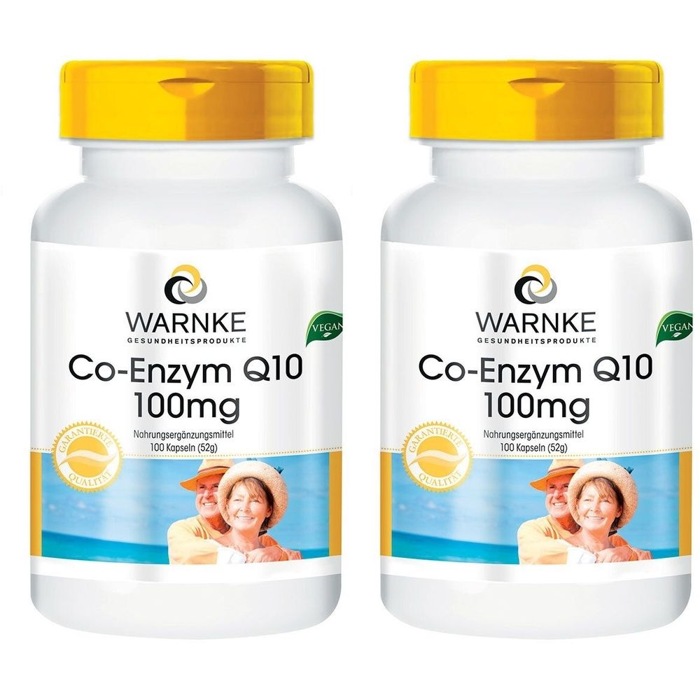 Zwei Flaschen mit gelbem Deckel. Aufschrift: Warnke Co-Enzym Q10 100mg. Vegan-Siegel. Aufkleber mit älterem Paar. 100 Kapseln.