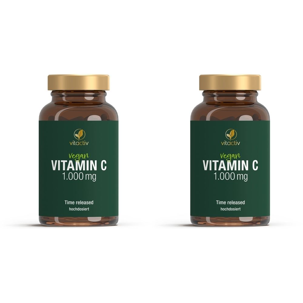 Zwei braune Glasflaschen mit goldfarbenen Deckeln. Auf den grünen Etiketten steht "Vitactiv Vegan Vitamin C 1.000 mg".