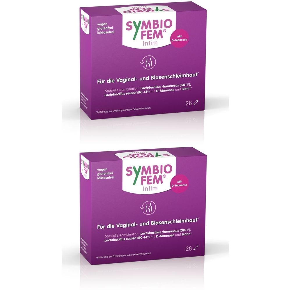 Zwei Packungen Symbiofem Intim. Lila Verpackung mit weißer Schrift. Enthält 28 Stück. Vegan, glutenfrei, laktosefrei.