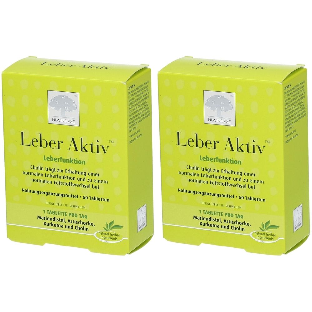 Zwei grüne Schachteln mit "Leber Aktiv"-Aufdruck. Text: Cholin, Mariendistel, Artischocke, Kurkuma. "NEW NORDIC" Logo.