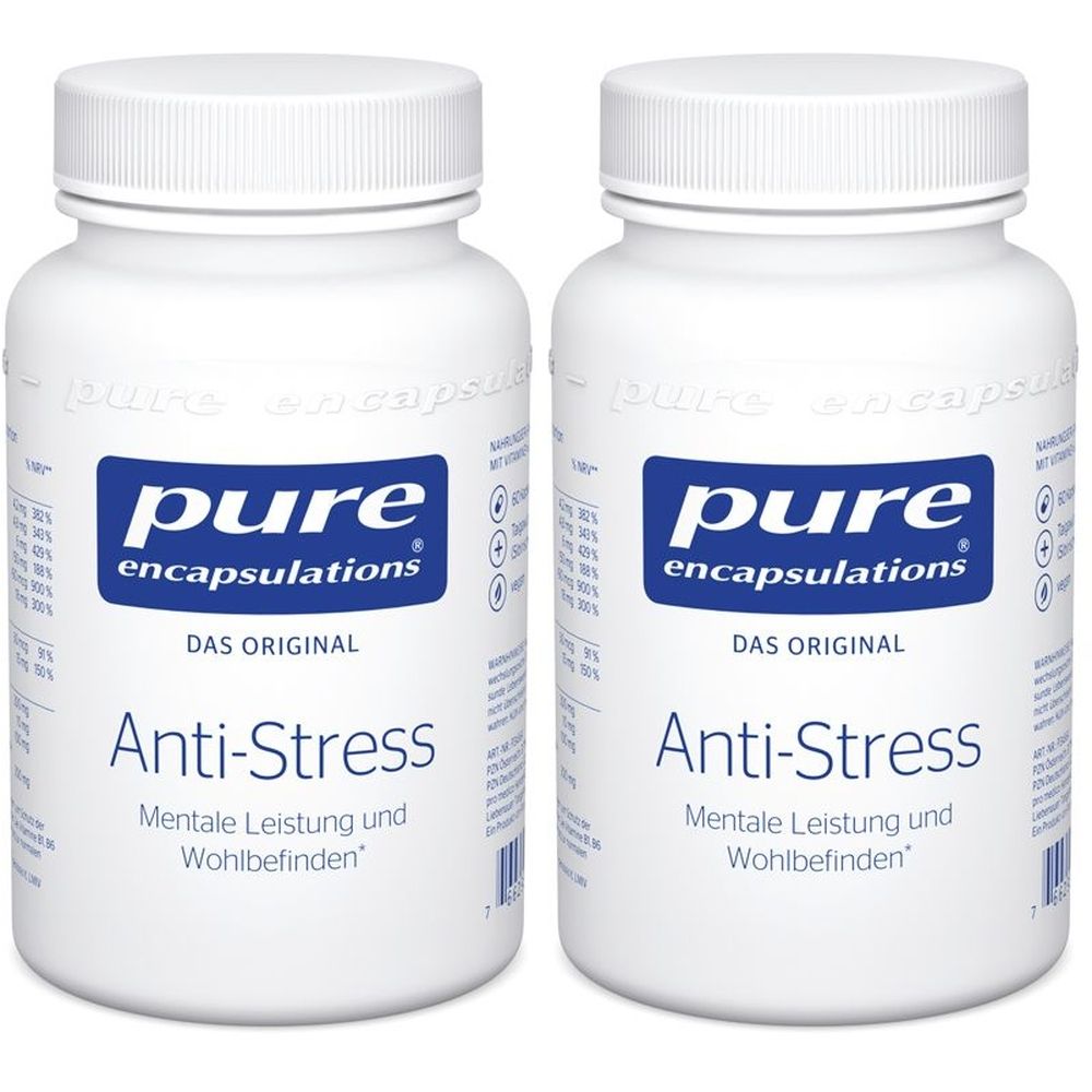 Zwei weiße Flaschen mit blauen Etiketten. Aufschrift: Pure Encapsulations Anti-Stress. Das Original. Mentale Leistung und Wohlbefinden.