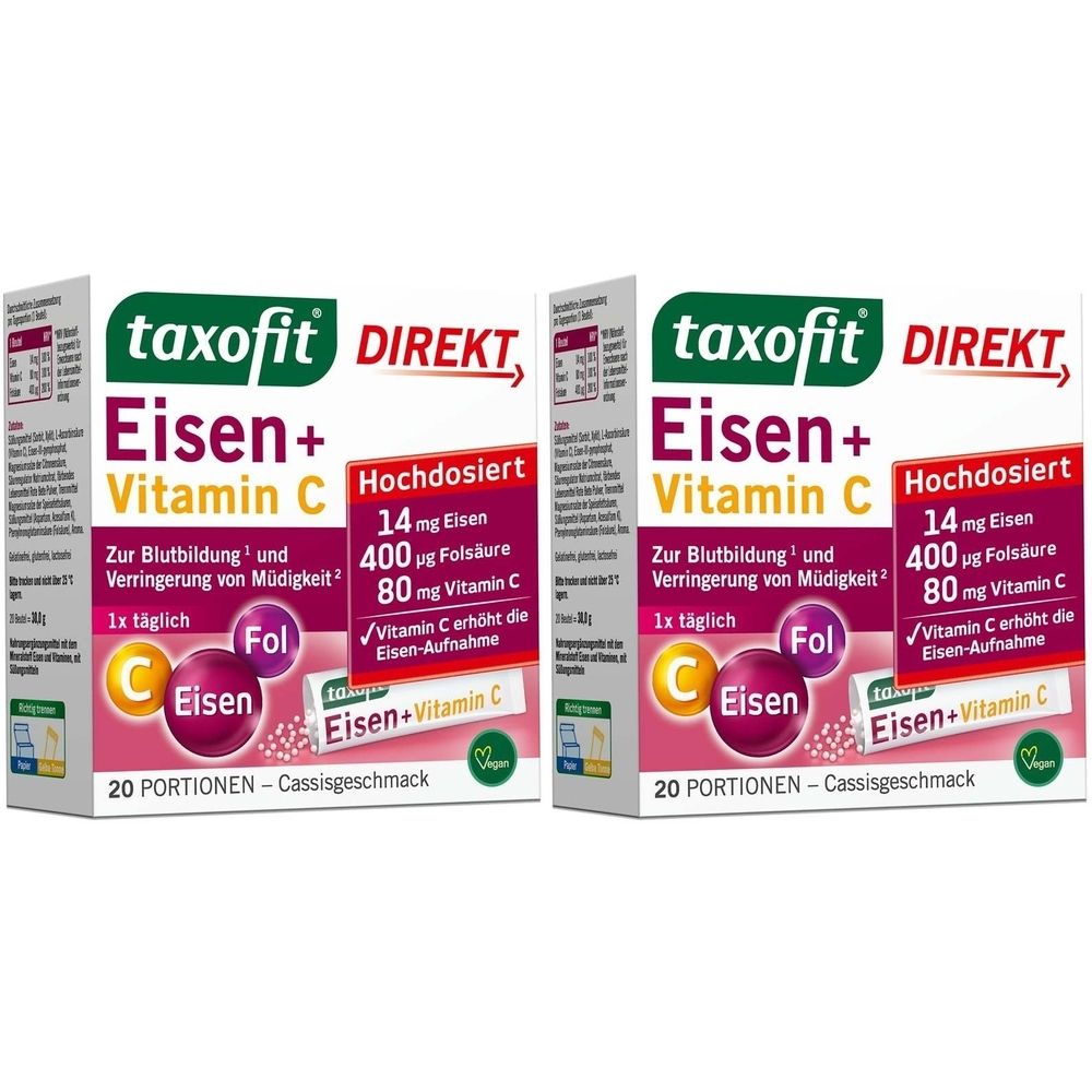 Zwei Packungen taxofit® Eisen + Vitamin C Direkt-Granulat. Aufschrift: Eisen+, Vitamin C, 14 mg Eisen, 400 µg Folsäure, 80 mg Vitamin C.