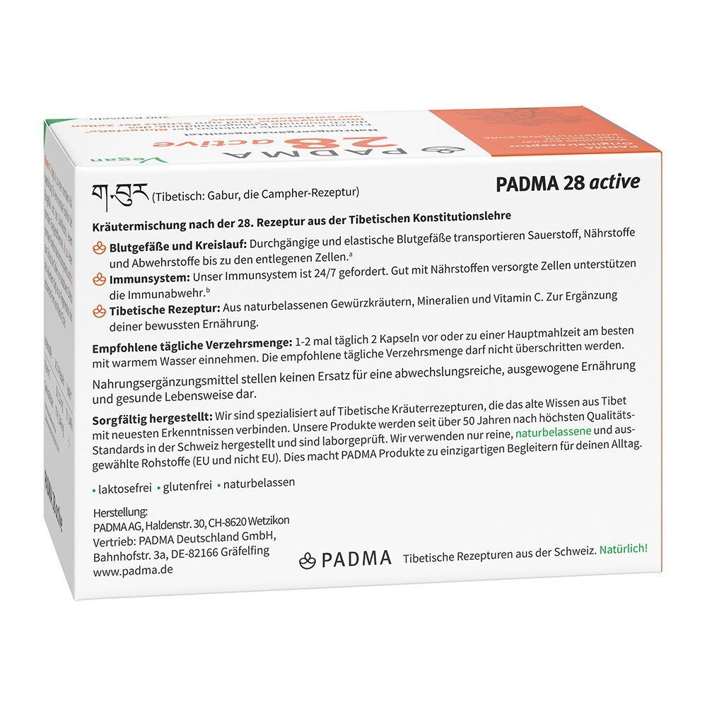 Rückseite einer Schachtel PADMA 28 active. Informationen auf Deutsch über Rezeptur, Inhaltsstoffe und Anwendungshinweise.