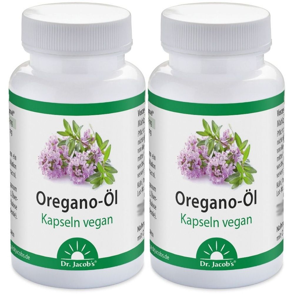 Zwei weiße Flaschen mit grünen Etiketten. Aufschrift: Oregano-Öl Kapseln vegan. Abbildung von Oregano-Blüten. Marke: Dr. Jacob's.