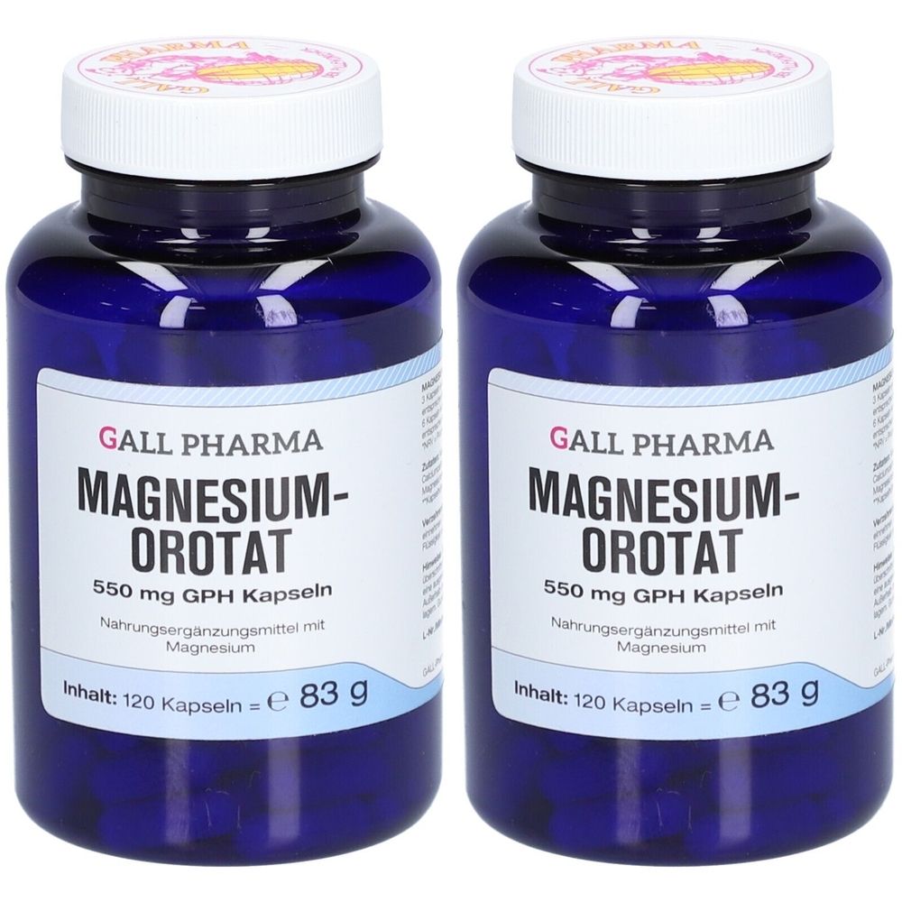 Zwei blaue Flaschen mit weißen Deckeln. Auf den Etiketten steht MAGNESIUM-OROTAT, 550 mg, 120 Kapseln. Marke: GALL PHARMA.