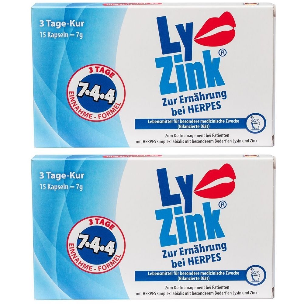 Zwei Schachteln LyZink. Aufdruck: 3 Tage-Kur, 15 Kapseln. Logo: roter Mund. Text: Zur Ernährung bei Herpes.