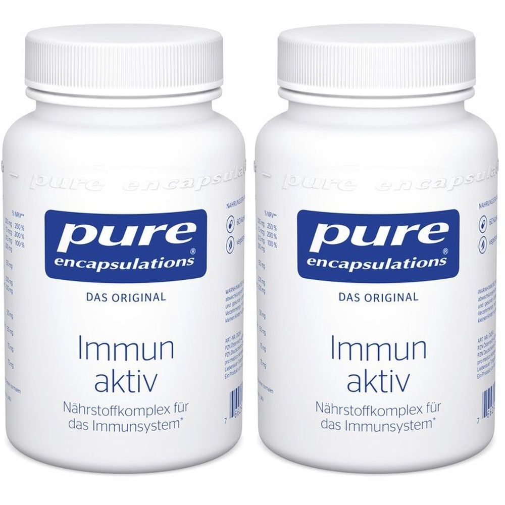 Zwei weiße Flaschen mit Schraubverschluss. Aufschrift: pure encapsulations, Immun aktiv, Nährstoffkomplex für das Immunsystem.