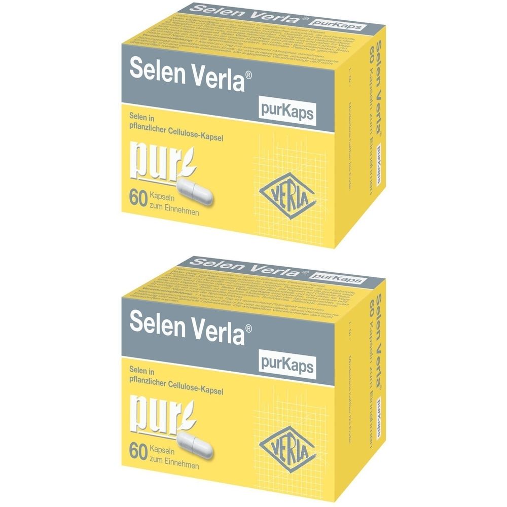 Zwei gelbe Schachteln mit der Aufschrift "Selen Verla purKaps". Eine Kapsel liegt auf der Vorderseite. 60 Kapseln.