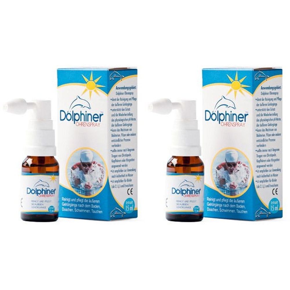 Zwei Flaschen und Verpackungen von Dolphiner Ohrenspray. Die Flaschen sind braun mit weißem Sprühkopf, die Verpackung blau-weiß mit Logo.