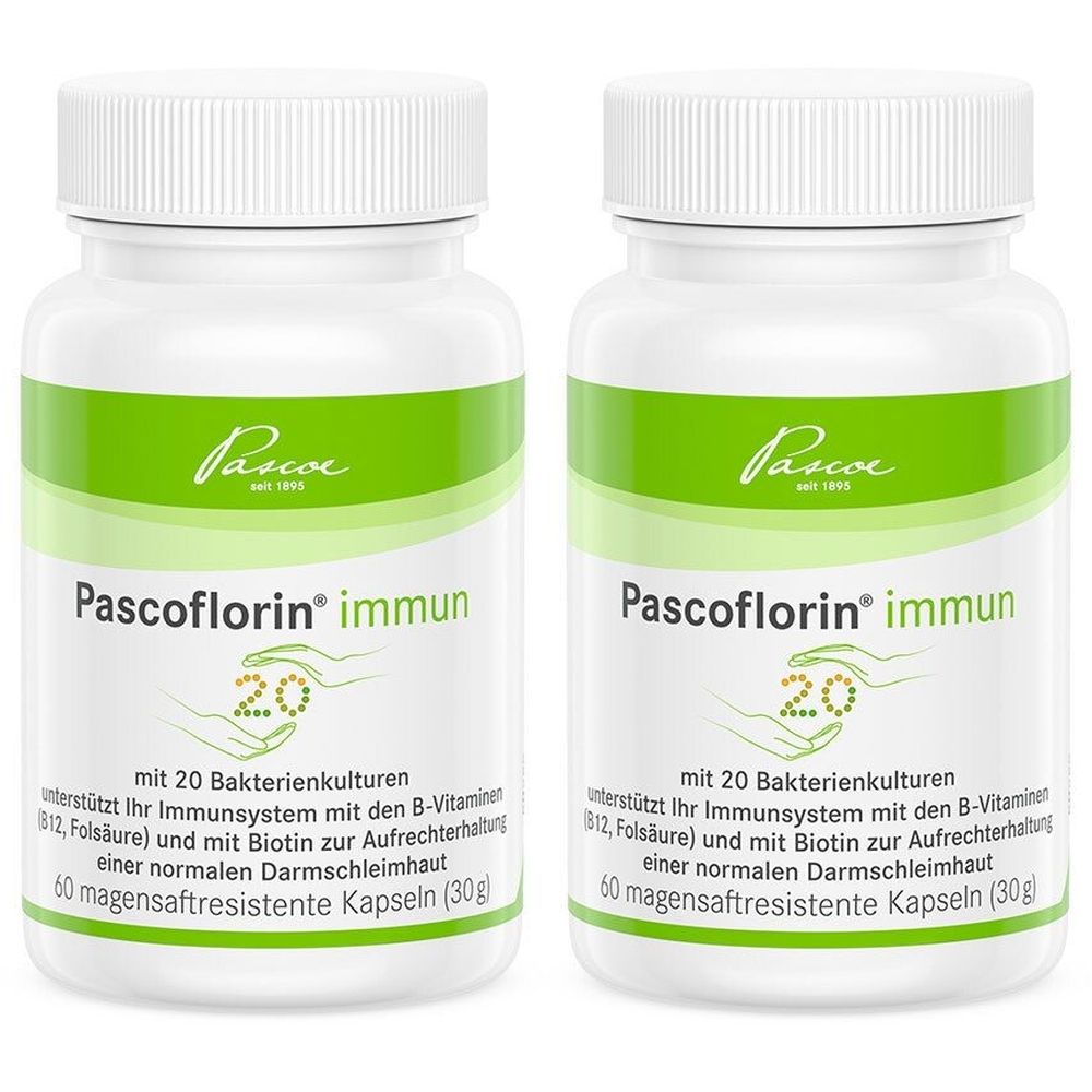 Zwei weiße Flaschen mit grünem Etikett. Aufschrift: Pascoflorin immun, 20 Bakterienkulturen. 60 magensaftresistente Kapseln.