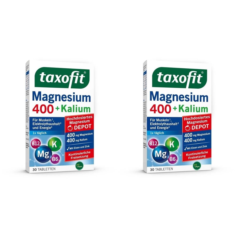 Zwei Packungen taxofit Magnesium 400+Kalium. Weiße Schachteln mit grüner und blauer Schrift. Enthält 30 Tabletten.