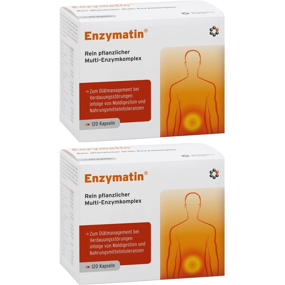 Zwei Schachteln Enzymatin®. Aufdruck: Rein pflanzlicher Multi-Enzymkomplex, 120 Kapseln. Abbildung eines menschlichen Körpers.