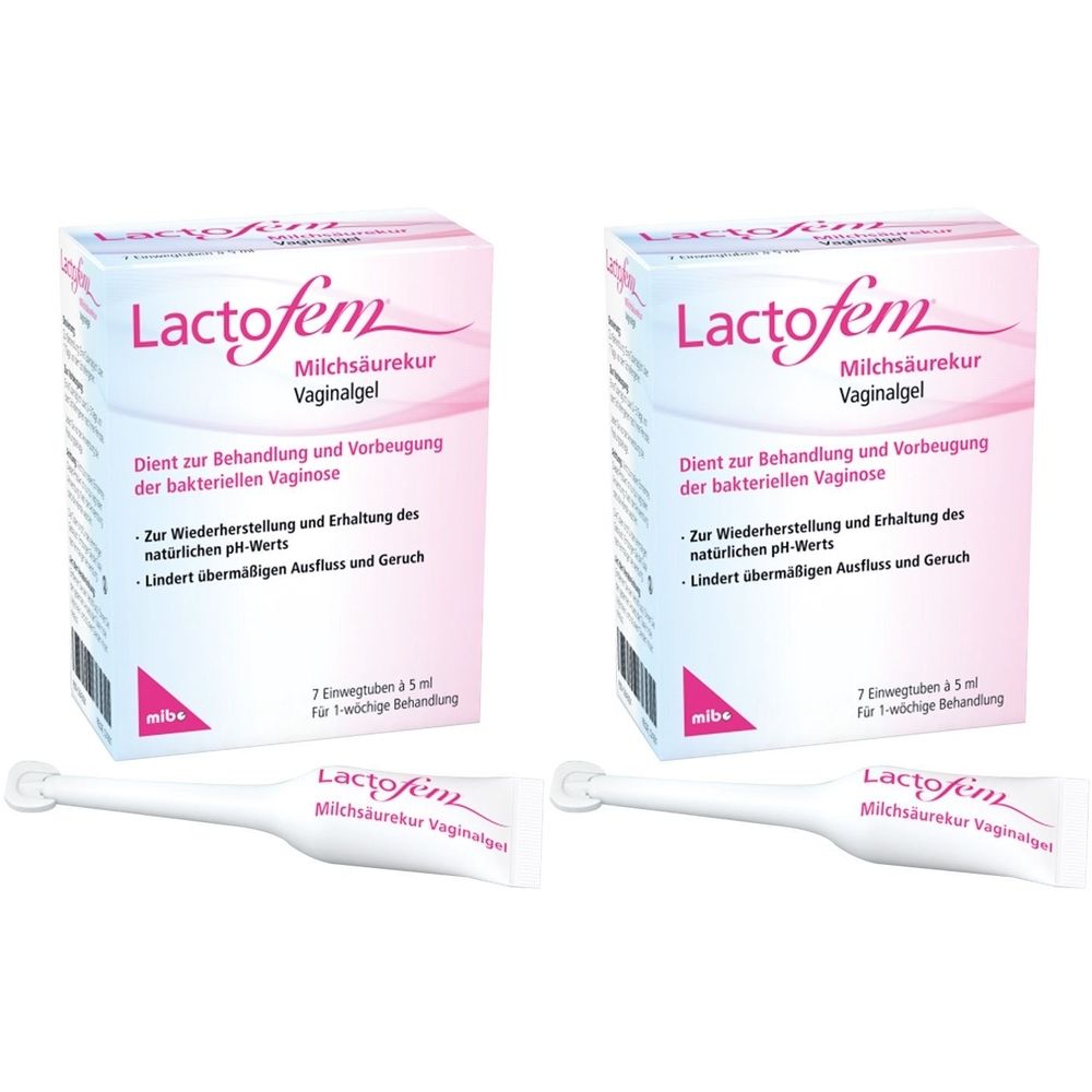 Zwei Packungen Lactofem Vaginalgel mit je einer Tube. Aufschrift: Milchsäurekur. Eine Tube liegt davor.