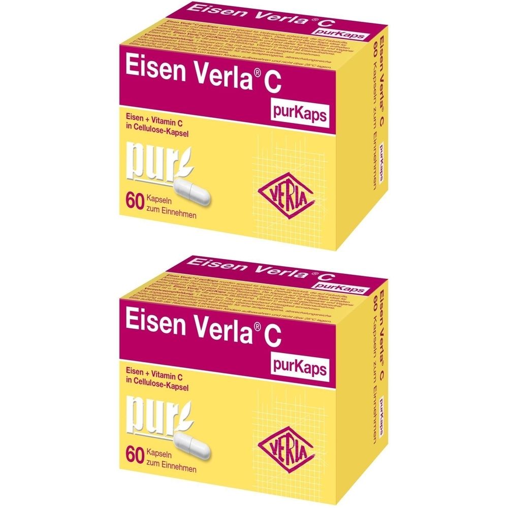 Zwei gelbe Schachteln mit der Aufschrift "Eisen Verla C purKaps". Auf jeder Schachtel sind 60 Kapseln abgebildet.