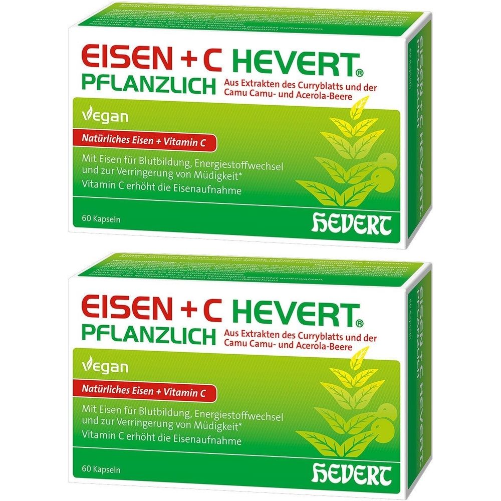 Zwei grüne Schachteln mit Aufschrift "EISEN + C HEVERT PFLANZLICH". Enthält 60 Kapseln. Vegan. Mit Eisen und Vitamin C.