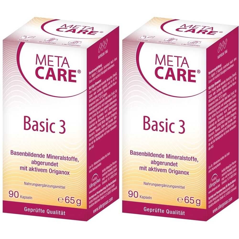 Zwei Packungen META CARE Basic 3. Aufschrift: Basenbildende Mineralstoffe, abgerundet mit aktivem Origanox. 90 Kapseln, 65g.