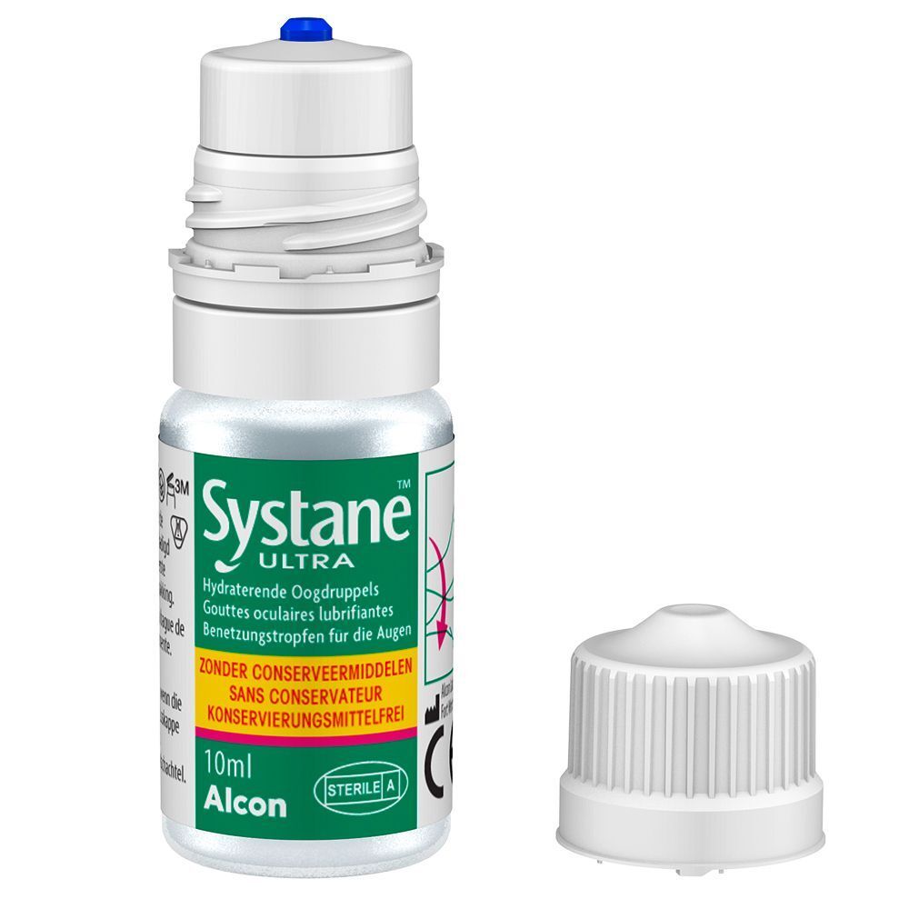 Systane Ultra Tropfflasche (10ml) ohne Konservierungsstoffe, mit separatem Deckel. Für trockene Augen.
