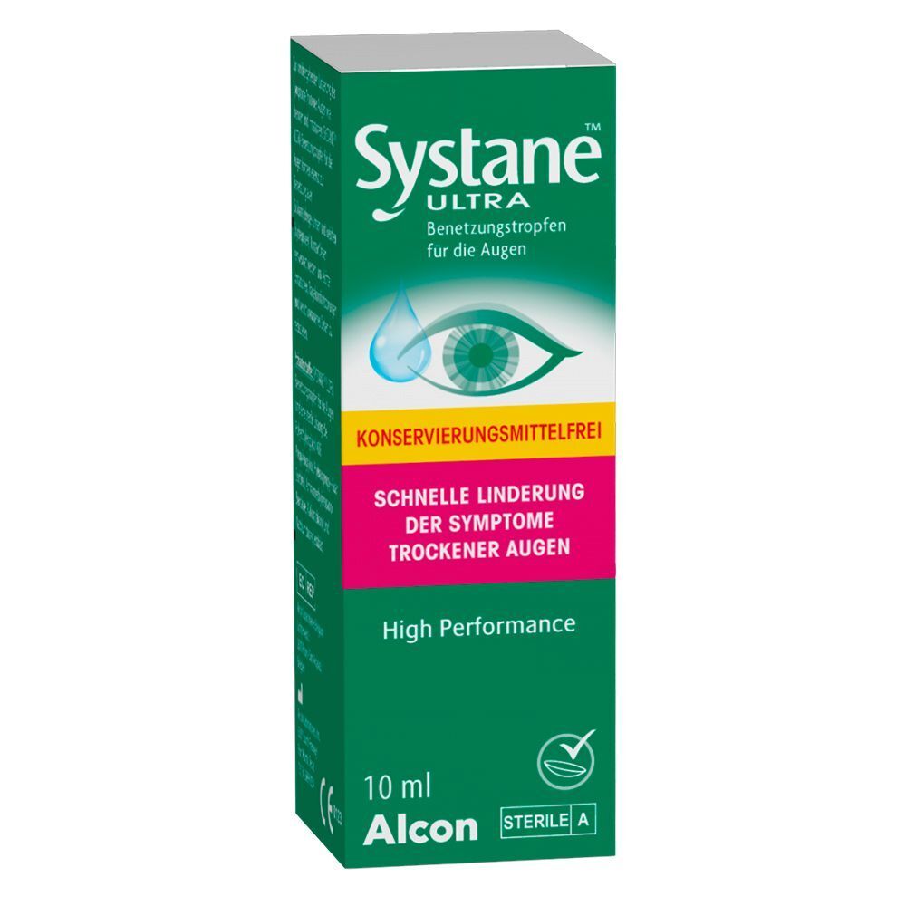 Systane Ultra Schachtel (10ml), konservierungsmittelfrei, mit Augensymbol und Text für trockene Augen.