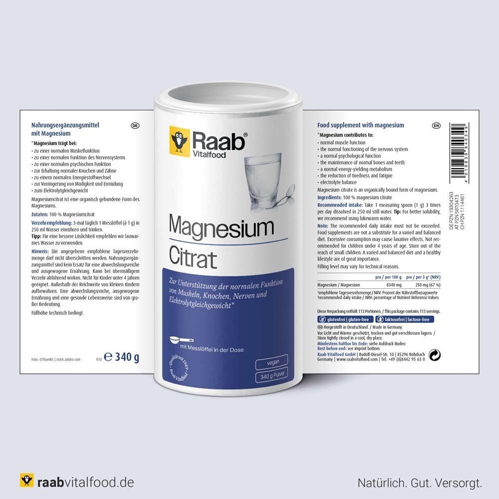 Dose Raab Magnesiumcitrat Pulver 340g mit geöffnetem Deckel und aufgeklappten Seitenetiketten.