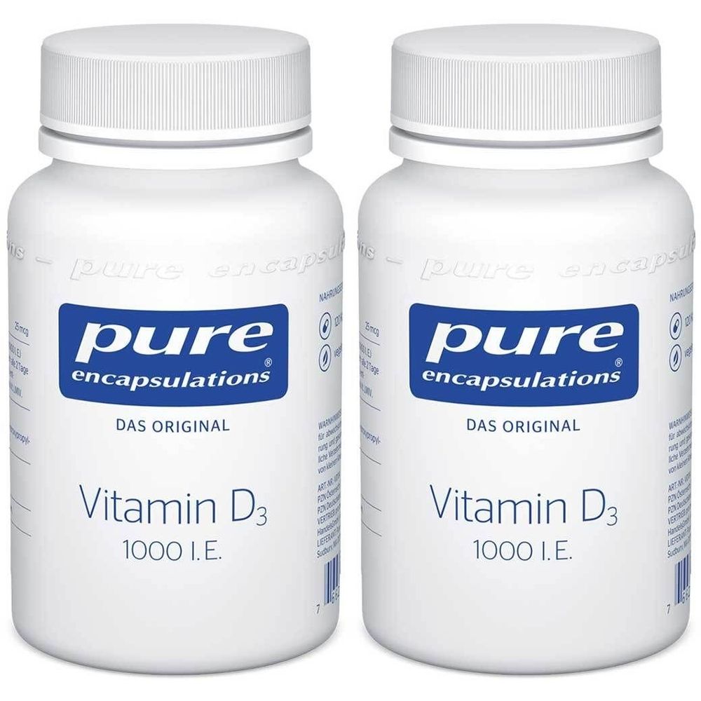 Zwei weiße Flaschen mit Schraubverschluss. Aufschrift: pure encapsulations, Vitamin D3 1000 I.E. Das Original.