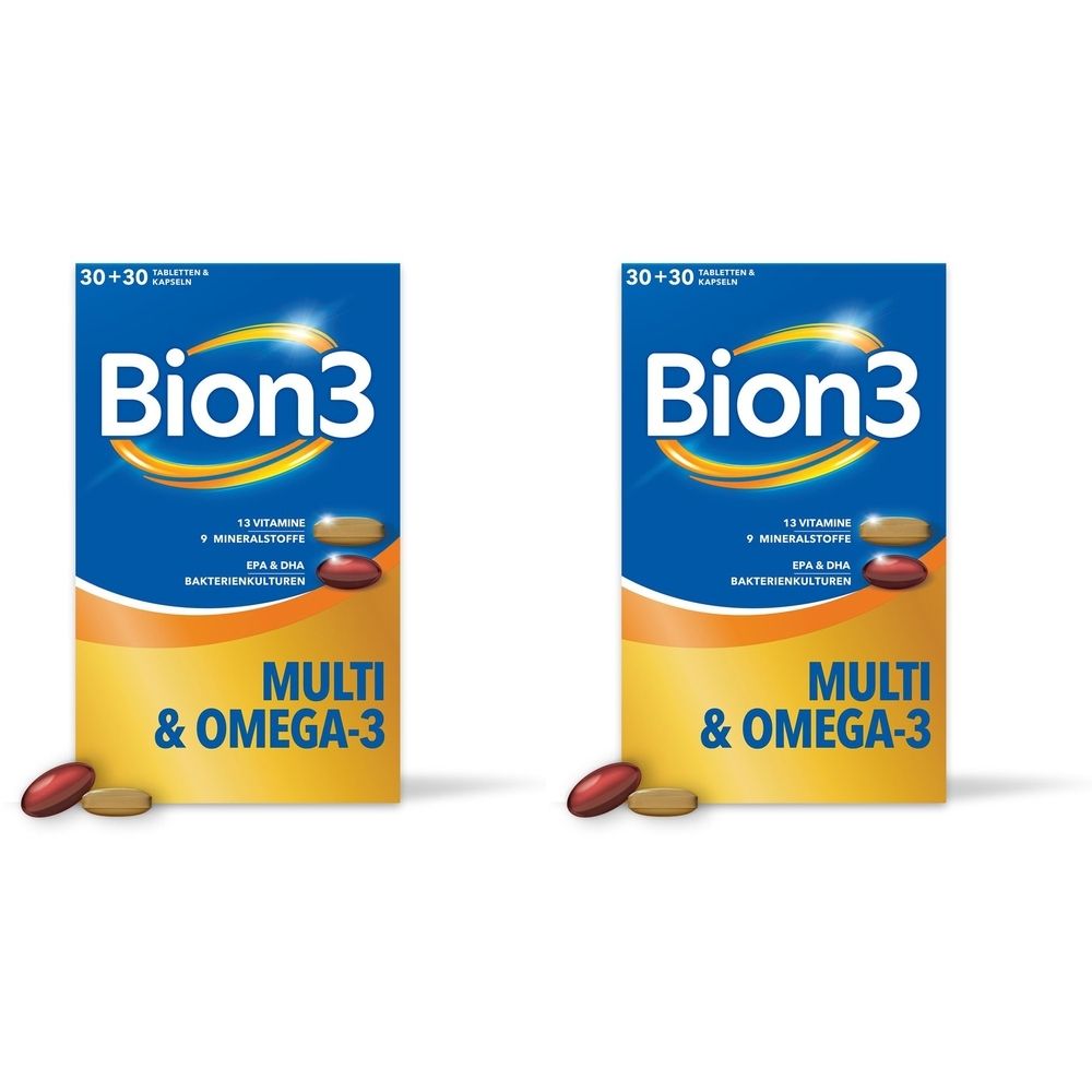 Zwei Packungen Bion3 Multi & Omega-3. Blaue und gelbe Verpackung mit Produktnamen. Daneben Kapseln in Rot und Beige.