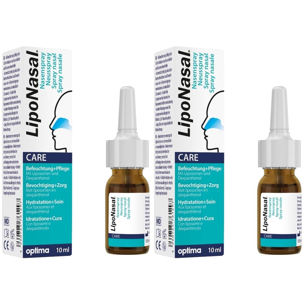 Drei Flaschen und Verpackungen von LipoNasal Nasenspray. Braune Flaschen mit weißem Sprühkopf. Weiße Verpackung mit Produktnamen und Text.