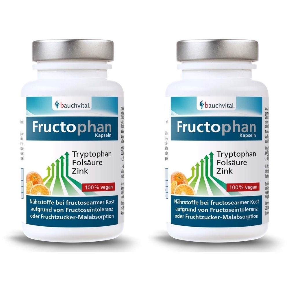 Zwei weiße Flaschen mit silbernen Deckeln. Aufschrift: Fructophan Kapseln, Tryptophan, Folsäure, Zink. 100% vegan. Text für fructosearme Kost.