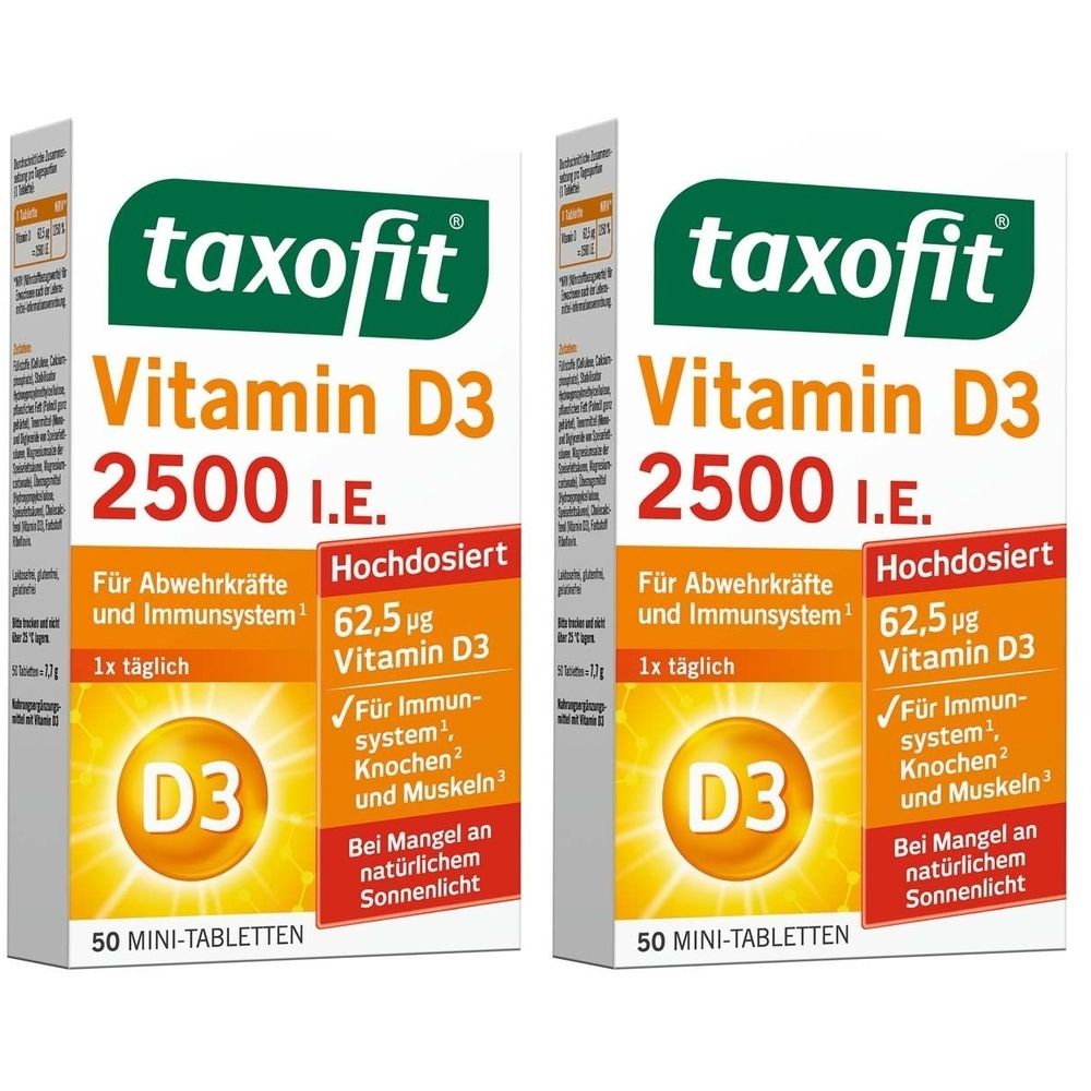 Zwei Schachteln taxofit Vitamin D3 2500 I.E. mit Text. Enthält 50 Mini-Tabletten. Hochdosiert. Für Immunsystem, Knochen und Muskeln.