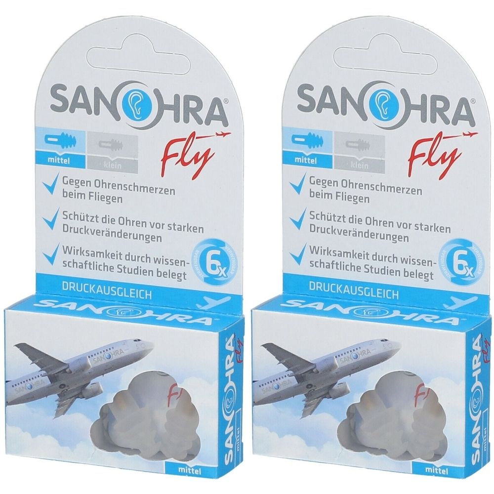 Zwei Packungen SANOHRA® Fly. Blaue Verpackung mit Ohrstöpseln, Flugzeug-Abbildung und Produktinformationen. 6 Stück.