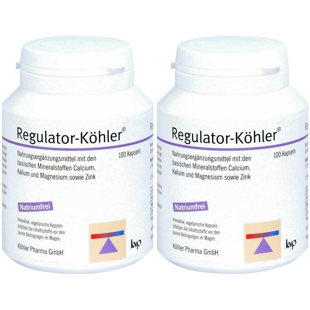 Zwei weiße Flaschen mit dem Aufdruck "Regulator-Köhler". Text: Nahrungsergänzungsmittel mit Mineralstoffen. 100 Kapseln. Natriumfrei. Hersteller: Köhler Pharma GmbH.