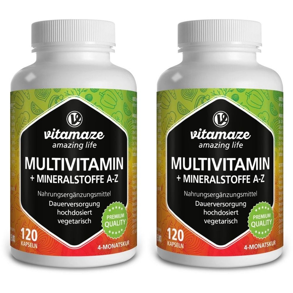 Zwei weiße Flaschen mit dem Etikett "MULTIVITAMIN + MINERALSTOFFE A-Z". Aufschrift: "vitamaze amazing life", "120 Kapseln", "Premium Quality".