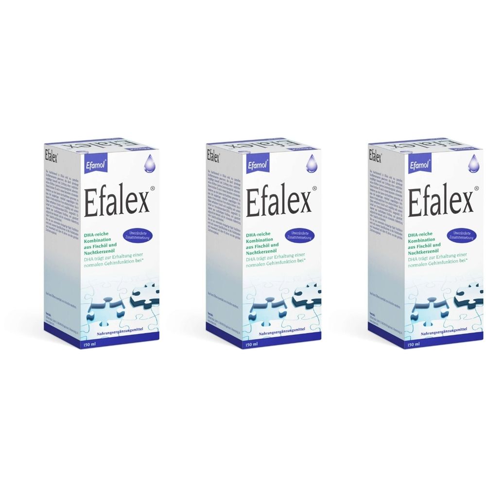 Drei Schachteln Efalex. Weiße Verpackung mit blauem Logo und Text. Aufschrift: Efalex, DHA-reiche Kombination.