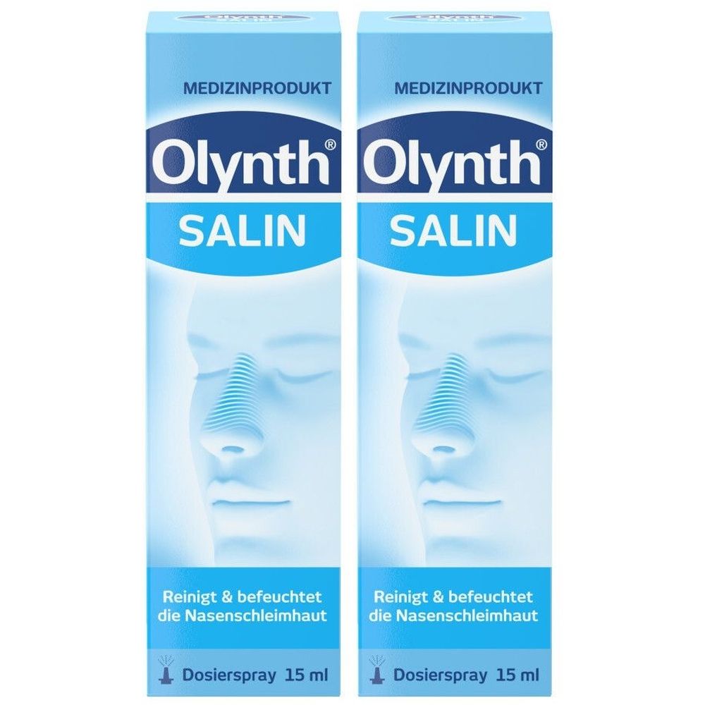 Zwei blaue Faltschachteln mit Olynth Salin. Aufschrift: Medizinprodukt, Salin, Dosierspray 15 ml. Gesichtsskizze.