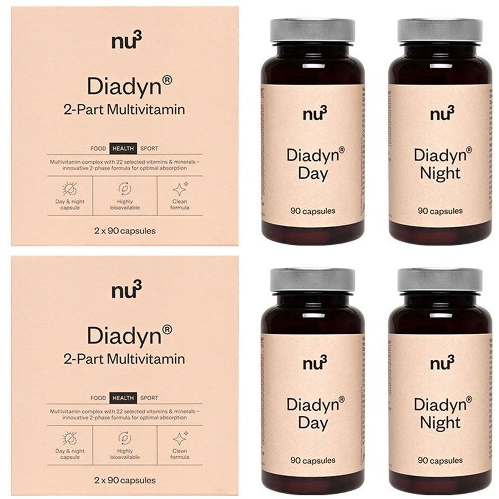 Zwei Kartons und vier Flaschen. Auf den Kartons steht "Diadyn 2-Part Multivitamin". Auf den Flaschen steht "Diadyn Day" und "Diadyn Night".