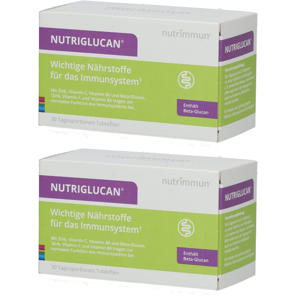 Zwei Schachteln mit "NUTRIGLUCAN"-Tabletten. Aufschrift: "Wichtige Nährstoffe für das Immunsystem". Enthält Beta-Glucan.