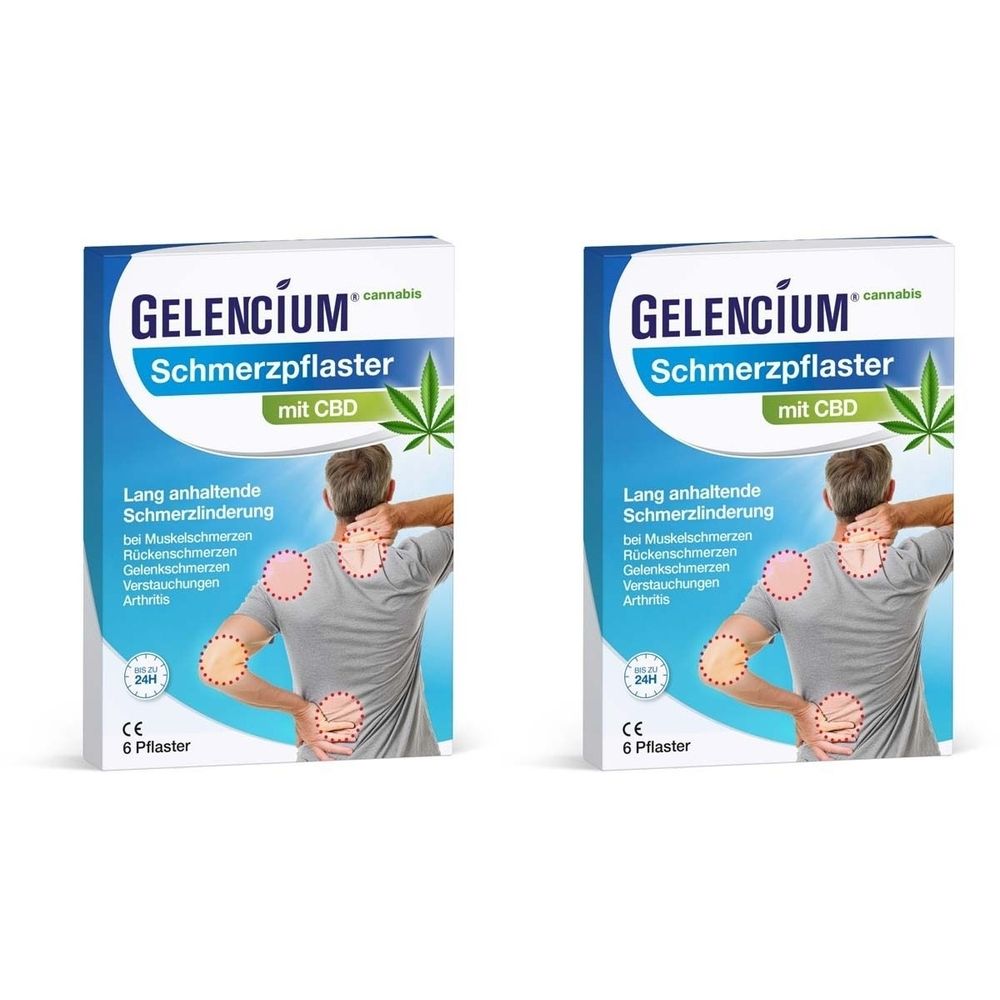 Zwei Packungen GELENCIUM® Schmerzpflaster mit CBD. Aufdruck: Lang anhaltende Schmerzlinderung. Abbildung eines Mannes mit Schmerzpunkten.