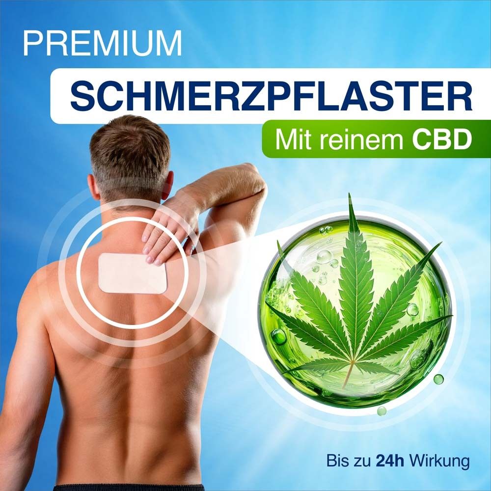 Mann mit Schmerzpflaster auf dem oberen Rücken, neben einem Glas mit Hanfblatt und CBD-Symbol.