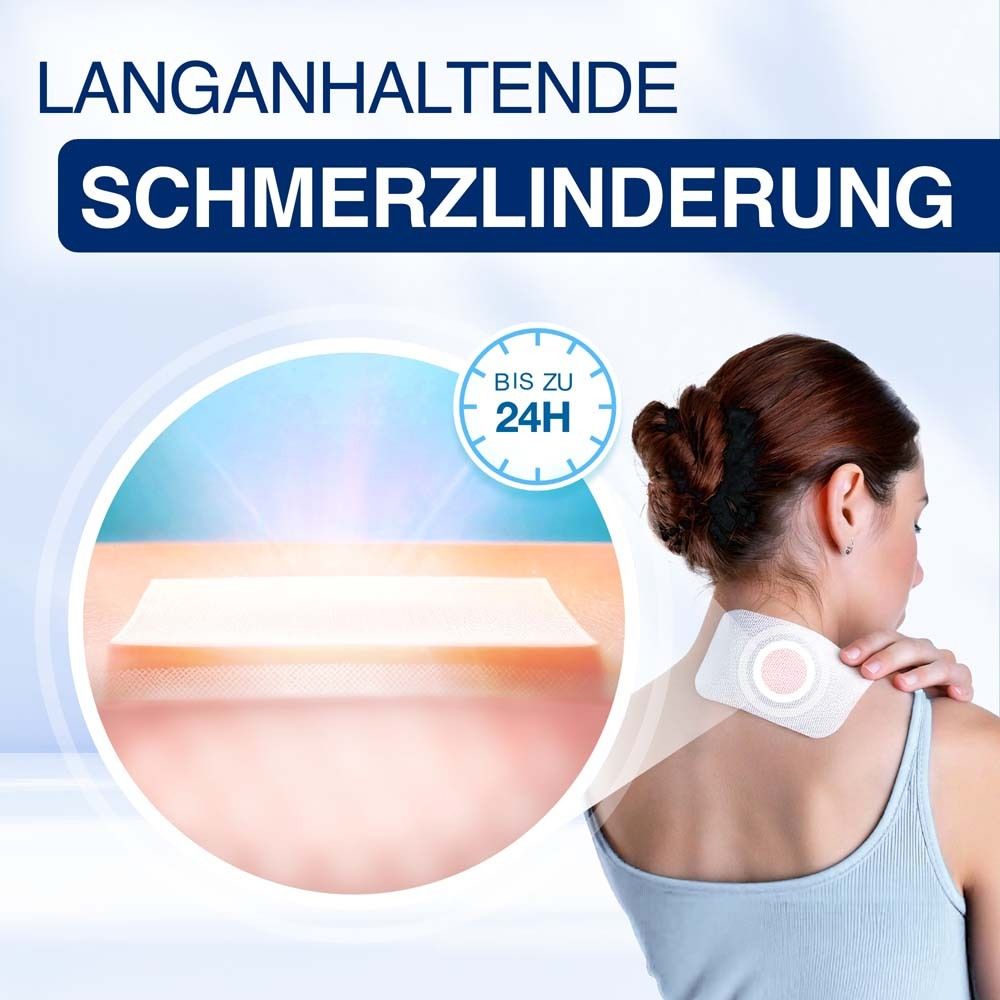 Frau mit Schmerzpflaster am Nacken, daneben eine Nahaufnahme des Pflasters und ein Kreis mit "Bis zu 24H".