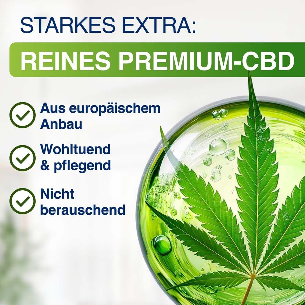 Nahaufnahme eines Hanfblatts in einem Wassertropfen, neben Text über reines Premium-CBD aus europäischem Anbau.