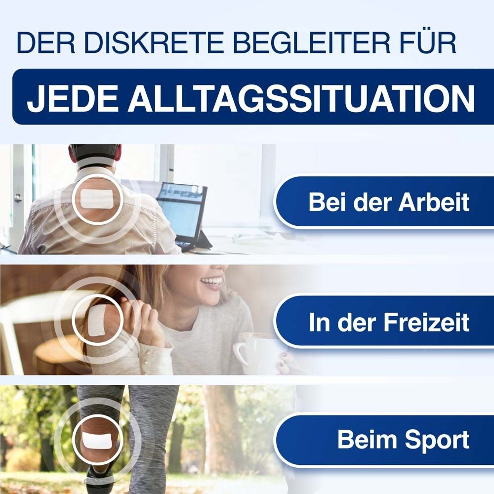 Mann mit Schmerzpflaster am Nacken, daneben ein Glas mit Hanfblatt und Text über reines Premium-CBD.