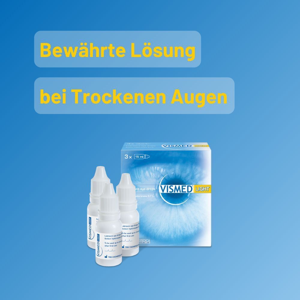 VISMED® LIGHT Karton und Fläschchen als bewährte Lösung bei trockenen Augen.