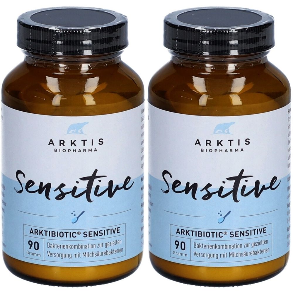 Zwei braune Glasflaschen mit schwarzem Deckel. Aufschrift: ARKTIS BIOPHARMA, Sensitive, ARKTIBIOTIC SENSITIVE, 90 Gramm.
