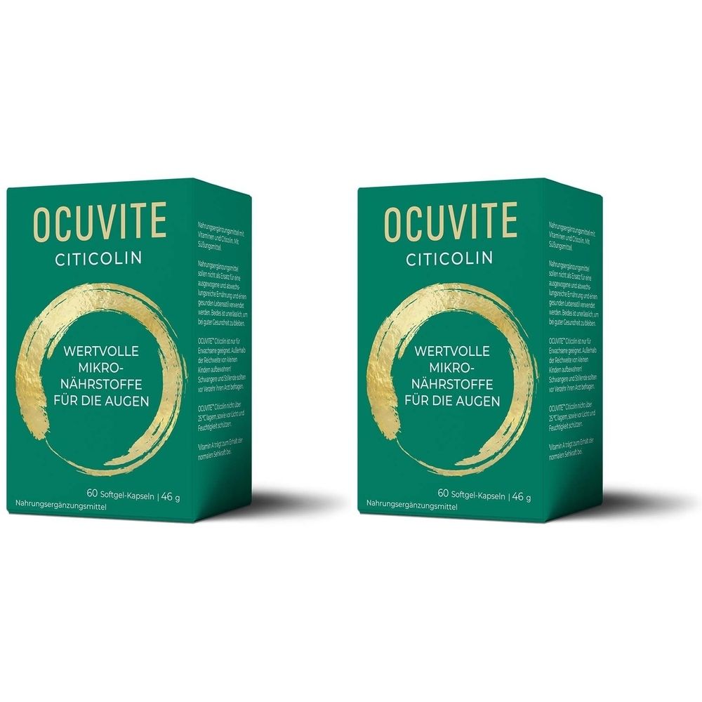 Zwei grüne Schachteln mit OCUVITE CITICOLIN-Aufdruck. Goldener Kreis mit Text: Wertvolle Mikronährstoffe für die Augen.