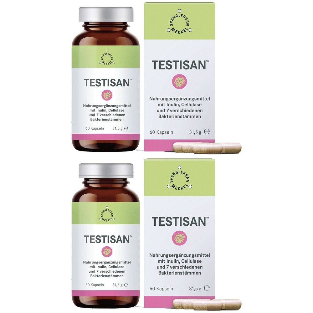 Zwei Flaschen und zwei Schachteln mit dem Produkt Testisan. Aufschrift: Nahrungsergänzungsmittel mit Inulin, Cellulase und 7 Bakterienstämmen.