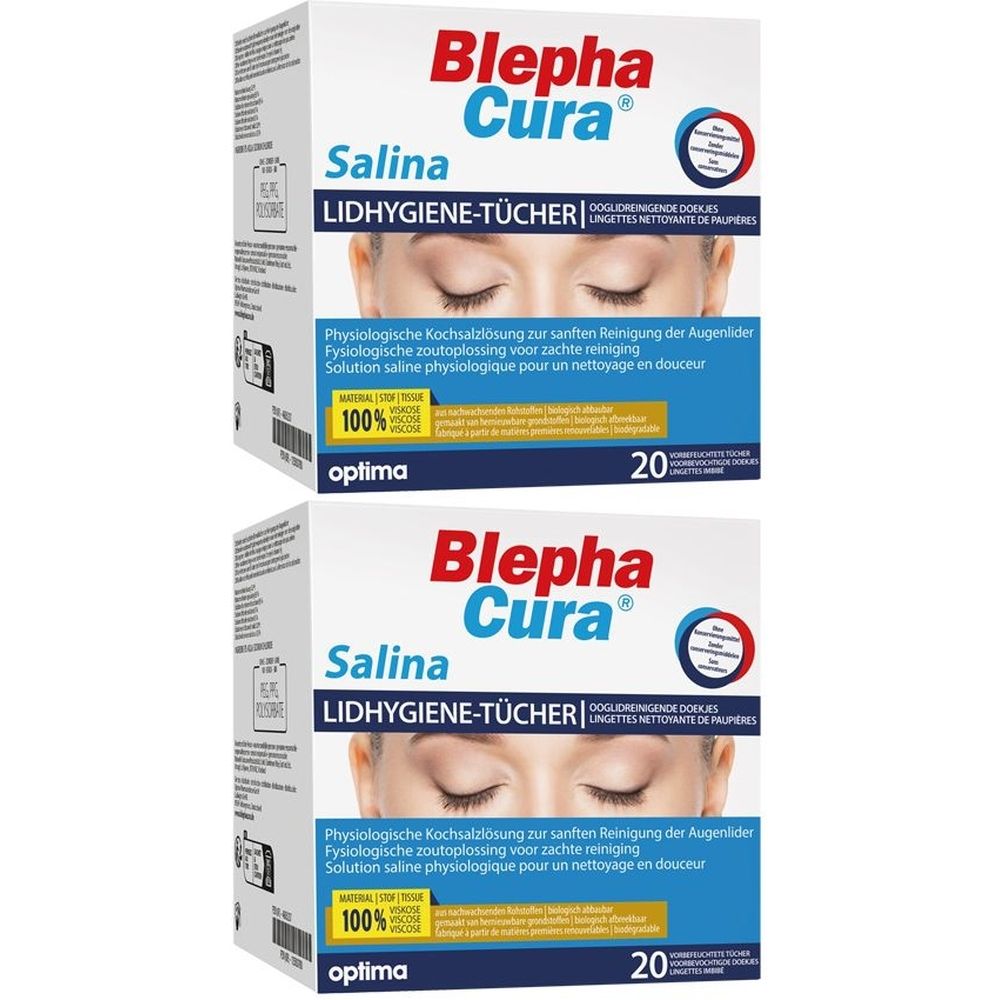 Zwei Packungen BlephaCura Salina Lid-Tücher. Weiße Verpackung mit Produktnamen und Augenabbildung. 20 Tücher.