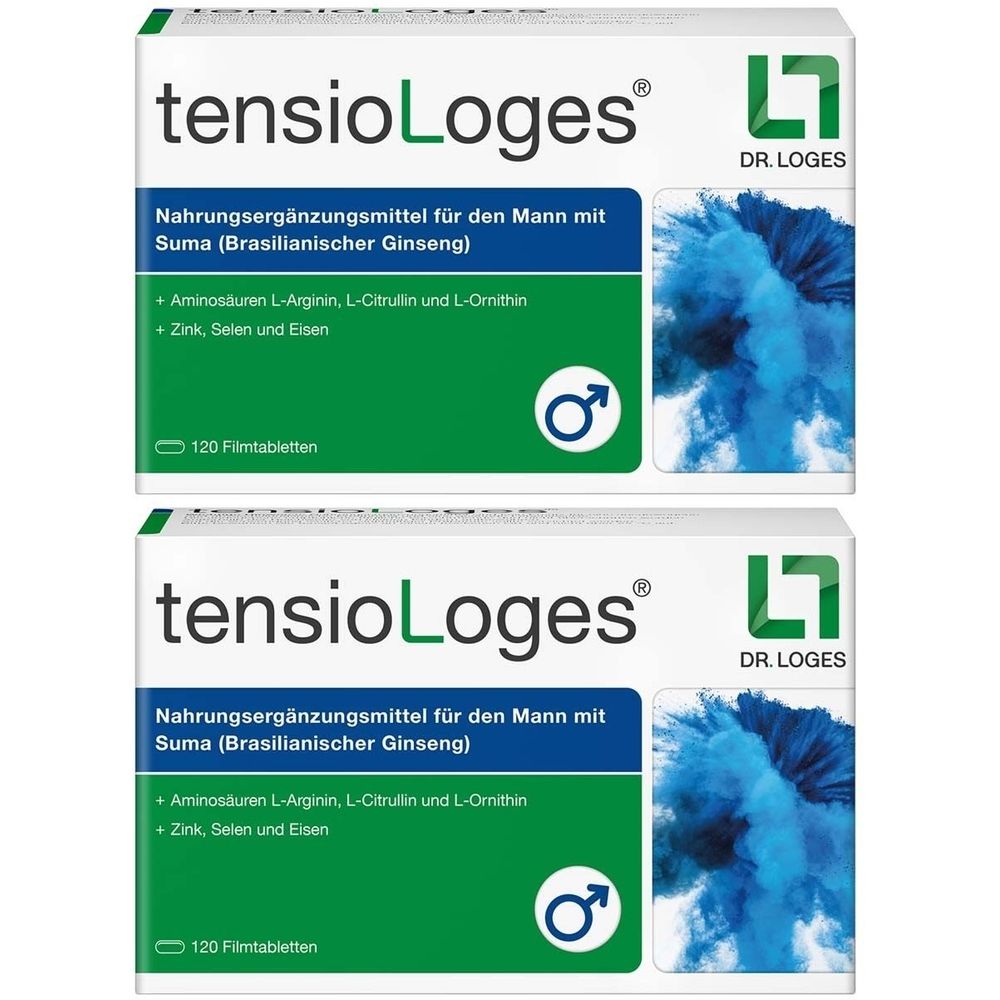 Zwei Schachteln tensioLoges. Aufschrift: Nahrungsergänzungsmittel für den Mann. Enthält Aminosäuren, Zink, Selen und Eisen. 120 Filmtabletten.